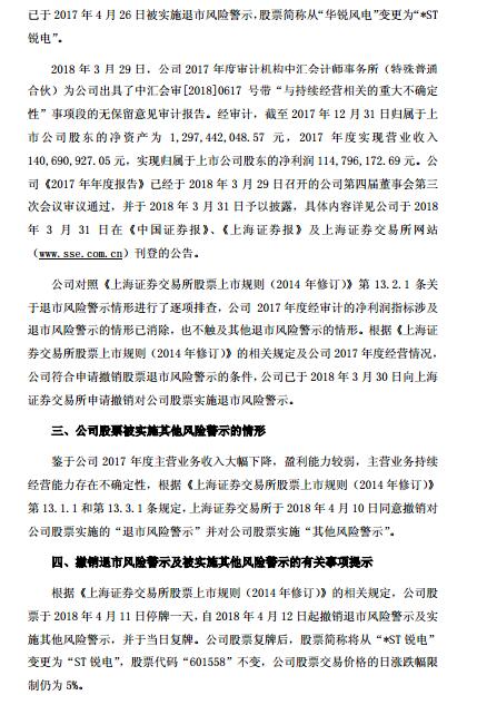 華銳風(fēng)電退市風(fēng)險警示及實施其他風(fēng)險警示撤銷