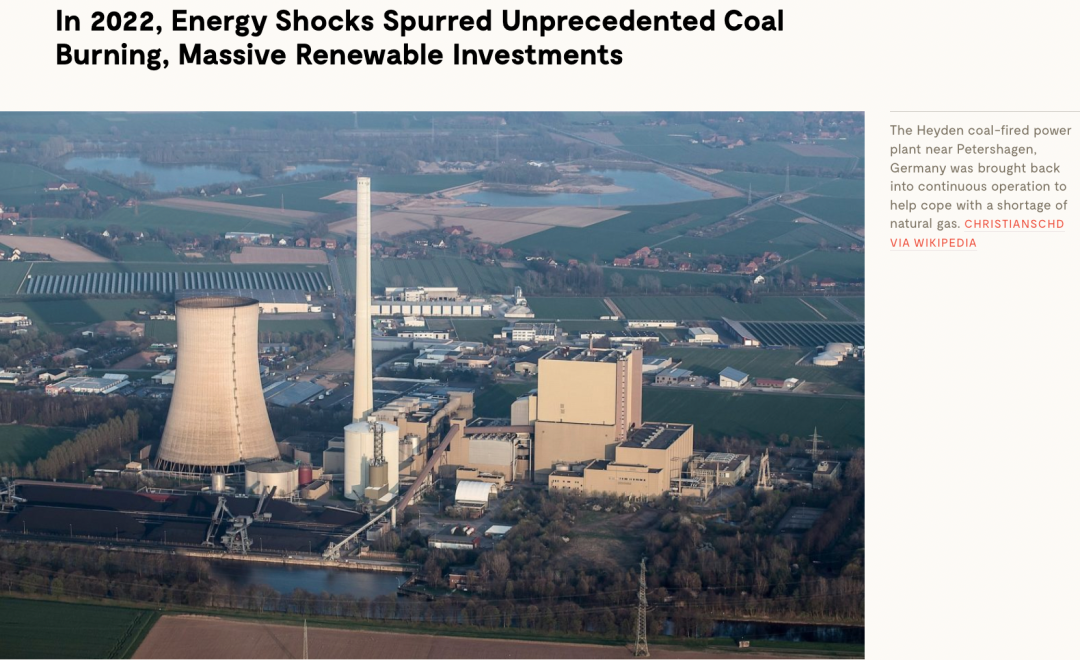 2022年能源危機導(dǎo)致煤炭消費反彈，但可再生能源投資上升更快